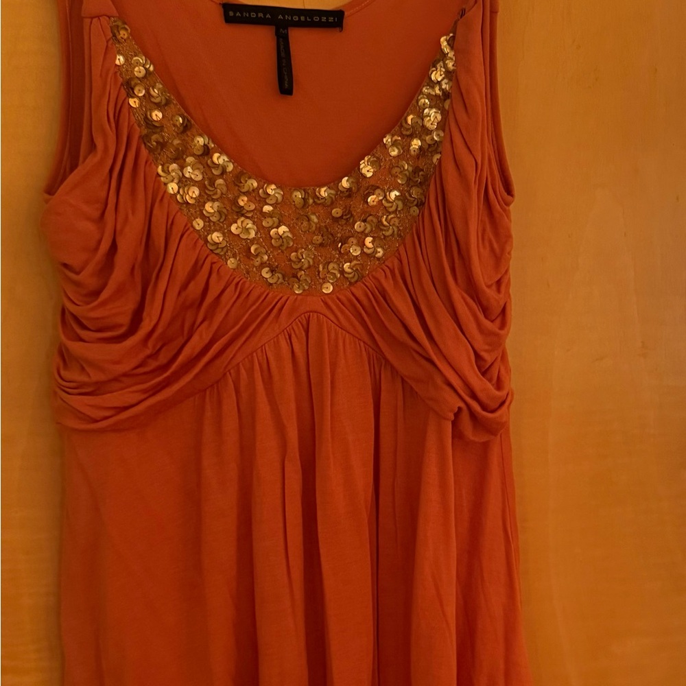Gold Embellished Orange Ruched Sleeveless Tunic. Perfect with jeans or leggings